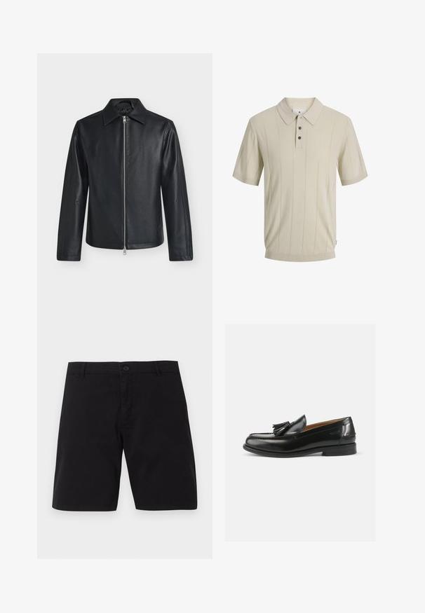 Veste en cuir noire avec fermeture éclair argentée à l'avant, manches longues et col pointu sur un fond clair uni.; Polo beige à manches courtes avec de fines rayures verticales, trois boutons foncés et un col pointu.; Shorts décontractés noirs avec fermeture par bouton, passants pour ceinture et design simple, présentés sur un fond uni.; Mocassins en cuir noir avec un accent de gland, un bout arrondi et une finition lisse. La semelle est plate avec un motif de trottoir minimal.