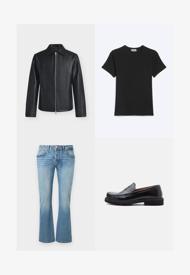 Veste en cuir noire avec fermeture éclair argentée à l'avant, manches longues et col pointu sur un fond clair uni.; T-shirt noir uni à manches courtes et col rond avec une étiquette de la marque Weekday à l’intérieur du col, présenté sur fond blanc.; Jean en denim bleu clair avec une taille mi-haute, cinq poches, et une légère évasement au bas.; Mocassin penny en cuir noir avec semelle en caoutchouc épaisse et couture moc toe, montré de profil sur un fond blanc.