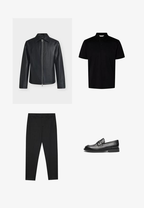 Chaqueta de cuero negra con cremallera frontal plateada, mangas largas y cuello puntiagudo sobre un fondo claro y liso.; Polo negro de manga corta con cuello y dos botones en el escote, exhibido sobre un fondo blanco liso.; Pier One by Zalando PUNTO TAILORED PANTS - Pantalones chinos - black; Mocasines de cuero negro presentan una puntera redondeada, una costura cosida en la parte superior y una suela de goma baja y plana. Textura suave sin patrones visibles.