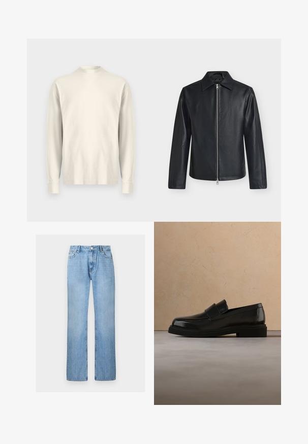 Zwarte leren jas met zilverkleurige ritssluiting aan de voorkant, lange mouwen en een puntige kraag op een effen lichte achtergrond.; Langsleeve, shirt met hoge kraag van lichtroom katoen. Gladde textuur, relaxed fit, minimalistisch ontwerp, geen zichtbare patronen of accenten.; Lichtblauwe denim jeans met rechte pijpen, voorzijde met knopen en zakken, afgebeeld tegen een effen witte achtergrond.; Zwarte leren loafer zweeft boven een beige gestructureerd kleed, met op de achtergrond een ronde houten salontafel en boeken.
