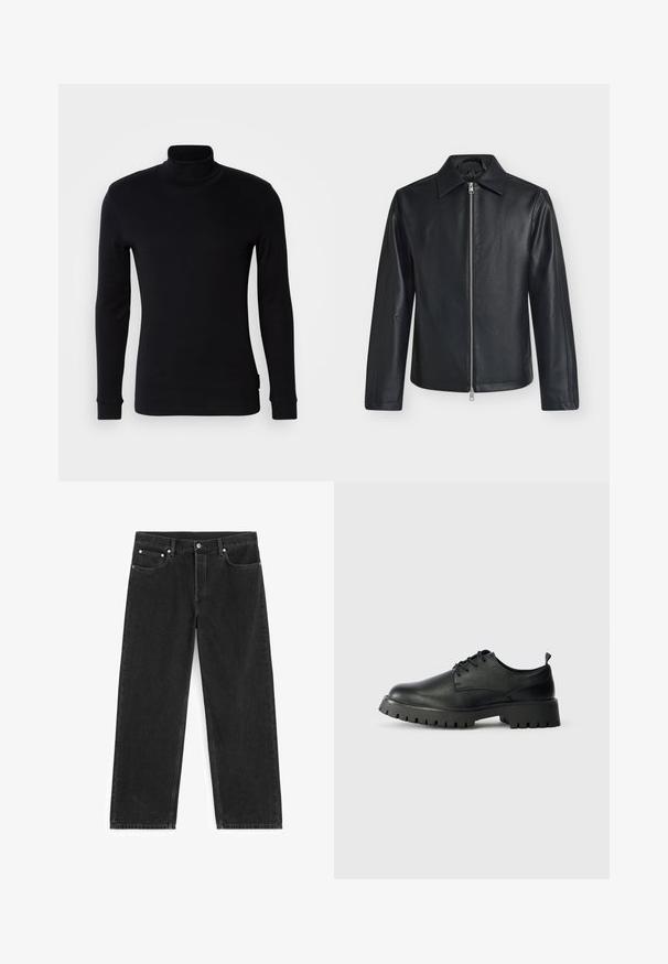Zwarte leren jas met zilverkleurige ritssluiting aan de voorkant, lange mouwen en een puntige kraag op een effen lichte achtergrond.; Zwarte langemouw turtleneck shirt gemaakt van zachte stof. Heeft een aansluitend ontwerp met ribbels aan de mouwen en een gladde textuur. Geen patronen of logo's.; Zwarte spijkerbroek met rechte pijpen, voor- en achterzakken, riemlussen en een knoopsluiting in de taille.; Zwarte leren veterschoenen met een ronde neus, een gestructureerd oppervlak en een chunky rubberen zool met diepe profielen voor grip.