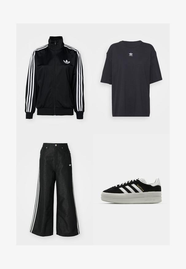 Chaqueta negra con cierre zip y cuello alto, con acentos en blanco con tres rayas en las mangas y logo bordado en el pecho. Tejido suave y deportivo.; Camiseta de algodón negra con mangas cortas, cuello redondo, presenta un logo blanco de Adidas en el pecho. Diseño simple, ajuste relajado.; Pantalones de denim anchos y negros con tres franjas blancas en cada lado y un pequeño logo blanco. Cuenta con bolsillos frontales y un cierre de botón.; Zapatillas negras de ante con detalles en cuero blanco, tres rayas blancas, cordones planos y una gruesa suela de plataforma gris. Marca "Gazelle" en dorado.