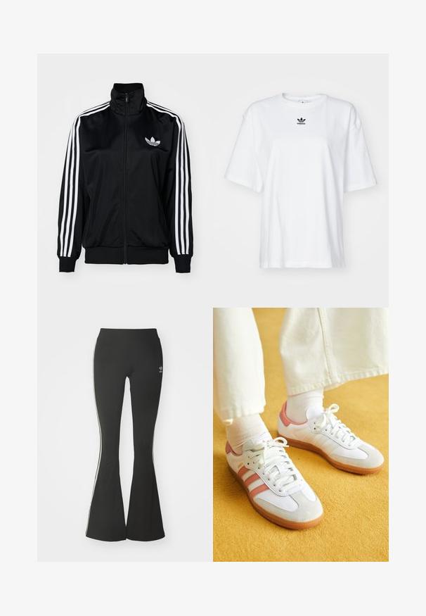 Schwarze Zip-Jacke mit hohem Kragen, ausgestattet mit weißen Drei-Streifen-Akzenten an den Ärmeln und gesticktem Logo auf der Brust. Glattes, sportliches Material.; Weißes T-Shirt mit kurzen Ärmeln aus Baumwolle. Verfügt über einen Rundhalsausschnitt und ein kleines schwarzes Adidas-Logo auf der Brust. Gerader Saum.; Schwarze ausgestellte Leggings aus Stretchmaterial mit hohem Bund und weißen Seitenstreifen. Inklusive kleinem Logo am Bund.; Weiße Sportschuhe mit pinken Akzenten, aus Wildleder und Leder, runde Zehenform und Gummisohle, dargestellt mit hellen Socken vor einem gelben Hintergrund.