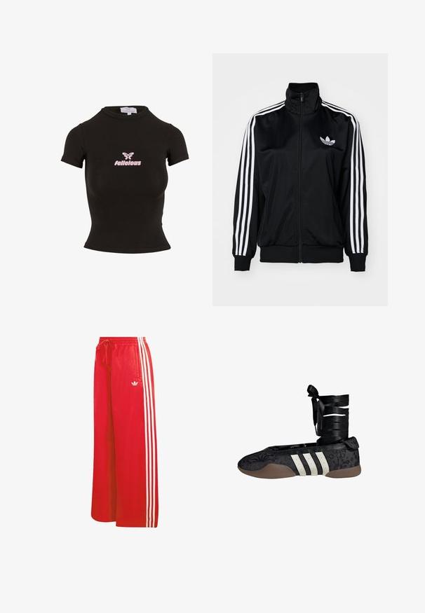 Veste zippée noire à col haut, avec des accents de trois bandes blanches sur les manches et un logo brodé sur la poitrine. Tissu lisse et sportif.; Top court noir à manches courtes fabriqué dans un matériau extensible. Présente un logo "felicious" rose et un graphique de papillon sur le devant.; Pantalon de sport rouge en matériau léger, avec une coupe à jambes larges, une taille élastique, un cordon de serrage et trois bandes blanches de chaque côté.; Ballerine noire avec motif floral, design à trois bandes blanches, et un lien en tissu autour de la cheville. Matériau texturé et semelle souple marron.