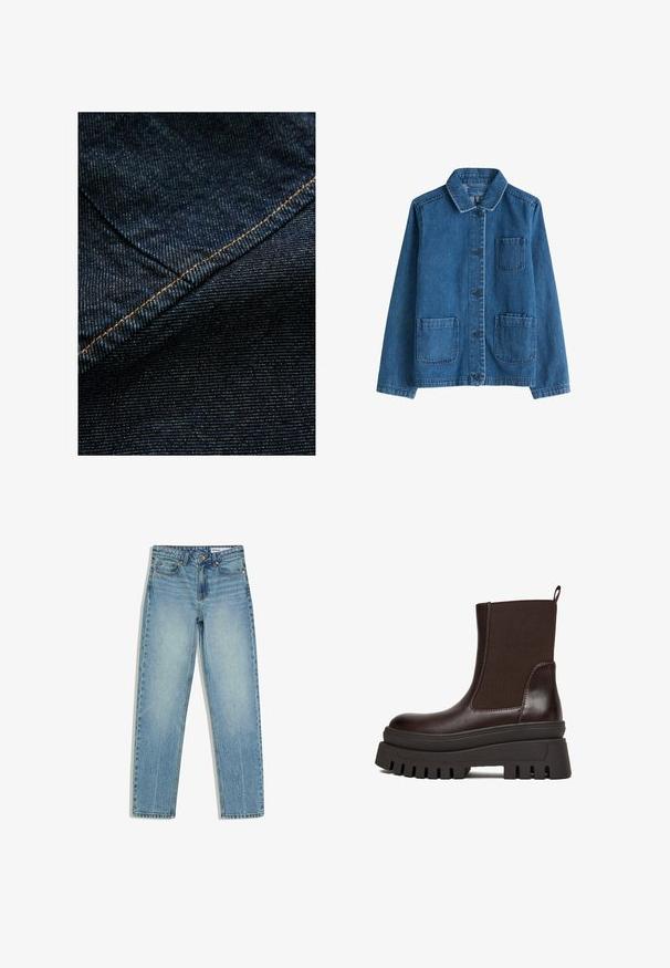 Blauwe denim jack met knopen, drie voorzakken en lange mouwen, weergegeven op een witte achtergrond.; Donkerblauwe denimstof met een subtiele verticale textuur, voorzien van oranje stiksels langs de naad voor accentuering.; Lichtblauwe denim jeans met rechte pijpen, voorzakken, riemlussen, knoopsluiting en subtiele vervaging op de dijen.; Bruine leren enkellaars met elastische zijpanelen, grove zwarte plateauzool en robuust profiel. Heeft een gladde textuur en minimale stiksels.