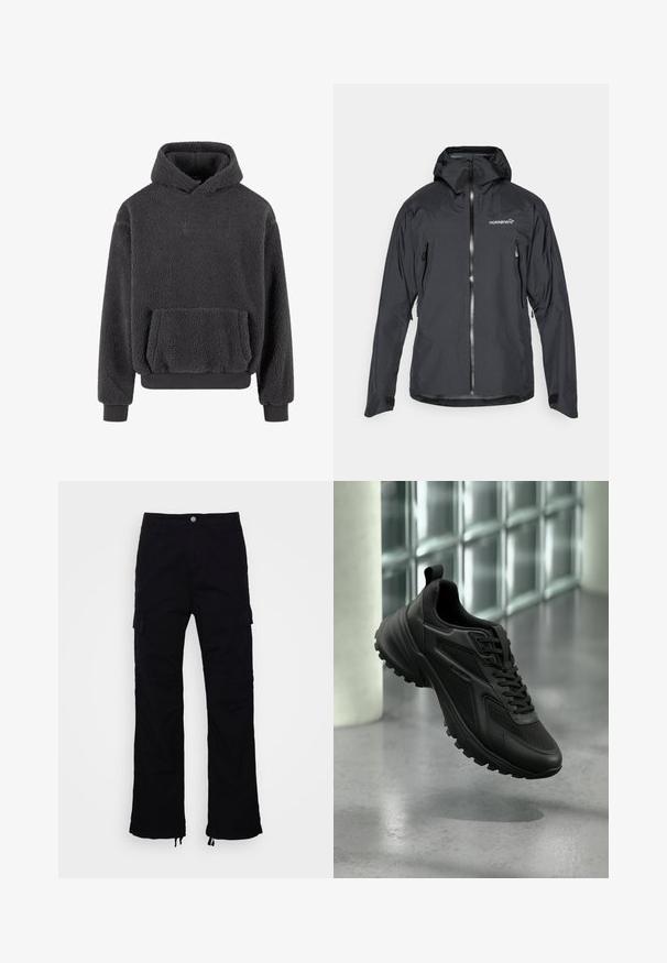 Sort vandtæt jakke med en tætsiddende hætte, frontlynlås og to lynlåslommer på siden. Har justerbare manschetter og logo på brystet.; Fleece hoodie i mørkegrå med en tekstureret overflade, en kangaroo-lomme og ribbede manchetter og kant. Har et lille logo på brystet.; Sorte cargo bukser med straight-leg design, der har to sidelommer og justerbare snorekanter. Fremstillet af slidstærkt stof.; Sort atletiksneaker med tekstureret sål og snørebånd, svævende over en grå gulv med væg af glasblokke i baggrunden.