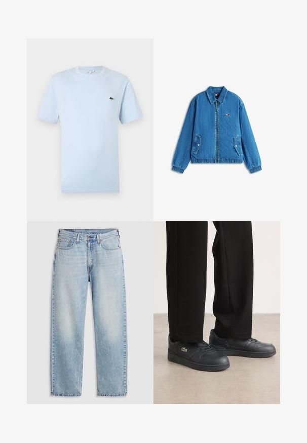 Blaue Denimjacke mit durchgehendem Frontreißverschluss, zwei aufgesetzten Klappentaschen mit Druckknöpfen, elastischen Bündchen und Saum sowie kleinem Tommy Jeans-Logo auf der Brust.; Helles blaues T-Shirt mit kurzen Ärmeln aus weichem Baumwollmaterial. Verfügt über ein kleines grünes gesticktes Krokodil-Logo auf der Brust.; Helleblaue Jeans im geraden Schnitt mit fünf Taschen, Metallknopfverschluss und verblasstem Detail an Oberschenkeln und Knien, flach auf einem weißen Hintergrund ausgebreitet.; Schwarze Low-Top-Sneaker aus glattem Leder, mit einer strukturierten Gummisohle, Schnürdesign und einem kleinen grünen gestickten Logo.