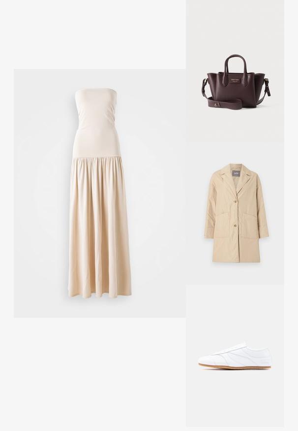 Manteau beige longueur genou avec col à revers, deux poches avant et fermeture à deux boutons, présenté sur un fond blanc uni.; Robe maxi sans bretelles beige avec un corsage ajusté et une jupe plissée fluide, fabriquée en tissu doux, avec une texture lisse tout au long.; Baskets basses blanches à lacets, tige en cuir lisse, panneaux subtilement cousus et semelle en caoutchouc marron clair.; Sac à main en cuir marron foncé avec doubles poignées, bandoulière réglable et plaque logo dorée au centre avant.