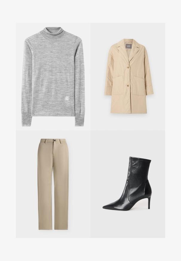 Manteau beige longueur genou avec col à revers, deux poches avant et fermeture à deux boutons, présenté sur un fond blanc uni.; Pull à col roulé gris fait d'un tissu doux et texturé. Il présente des manches longues et un petit logo blanc près de l'ourlet.; Pantalon beige droit avec passants de ceinture, fermeture par bouton et devant plat sur un fond clair.; Bottes noires à la cheville en cuir lisse, dotées d'un bout pointu, d'un tige ajustée et d'un talon haut fin. Design minimaliste sans quincaillerie visible.