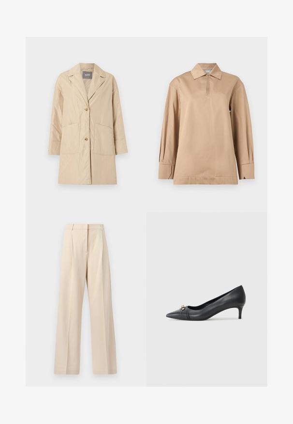 Manteau beige longueur genou avec col à revers, deux poches avant et fermeture à deux boutons, présenté sur un fond blanc uni.; Chemise beige à manches longues avec col pointu, encolure goutte d'eau avec bouton, et larges poignets sur fond uni.; Pantalon beige taille haute à jambes larges avec plis sur le devant et fermeture éclair dissimulée, fabriqué en tissu texturé.; Escarpin noir en cuir à bout pointu avec un petit talon, doté d'une sangle texturée et d'un accent métallique à l'avant. Surface lisse et design épuré.