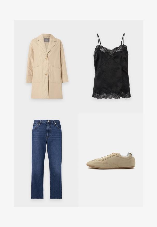 Beige knie-lange jas met reverskraag, twee voorzakken en een sluiting met twee knopen, afgebeeld op een effen witte achtergrond.; Zwarte satijnen cami met dunne verstelbare bandjes, bloemenjacquardpatroon en kanten rand langs de halslijn en zoom.; Denim jeans in een donkerblauwe wassing. Rechte pijpen met vijf-pocket stijl, sluiting met een knoop aan de voorkant en contrasterende stiksels.; Beige suède casual sneaker met witte veters, wit gewatteerde hielkraag en een lichtbruine rubberen zool, zijaanzicht.