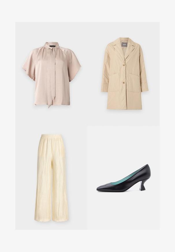 Beige knie-lange jas met reverskraag, twee voorzakken en een sluiting met twee knopen, afgebeeld op een effen witte achtergrond.; Beige satijnen blouse met korte gegolfde mouwen en een voorgeknoopte halsdetail, weergegeven op een effen lichtgrijze achtergrond.; Lichtbeige wijde broek met een geplooide elastische tailleband en een licht gekreukte stoftextuur.; Zwart leren pumps met een spitse neus, een lage, uniek gevormde blokhak en een lichtblauwe binnenvoering, afgebeeld tegen een effen witte achtergrond.