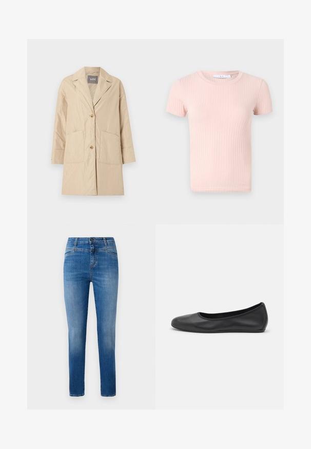 Beige knie-lange jas met reverskraag, twee voorzakken en een sluiting met twee knopen, afgebeeld op een effen witte achtergrond.; Lichtroze geribde t-shirt met korte mouwen en een ronde halslijn, met een zachte textuur en een aansluitende pasvorm.; Klassieke blauwe denim jeans met een rechte pijp, ontworpen met een middelhoge taille, voorzakken en oranje stiksels.; Zwarte leren ballerina met een ronde neus, gladde textuur, minimale stikdetails en een flexibele zoolontwerp.