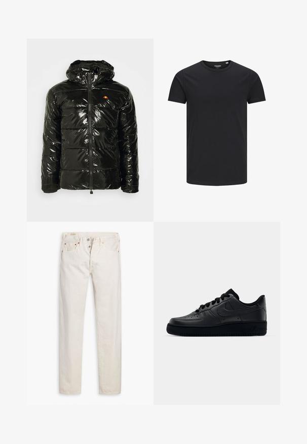 Ellesse TREVANI - Veste d'hiver - black; T-shirt en coton noir avec un col rond, des manches courtes et un design simple. Texture lisse, sans motifs ni éléments visibles.; Jeans slim-fit taille haute couleur écru avec fermeture à boutons, cinq poches et rivets en cuivre, posés à plat sur un fond blanc.; Baskets Nike Air Force 1 noires avec un dessus en cuir lisse, bout perforé pour la respirabilité, lacets noirs et semelle en caoutchouc texturé.
