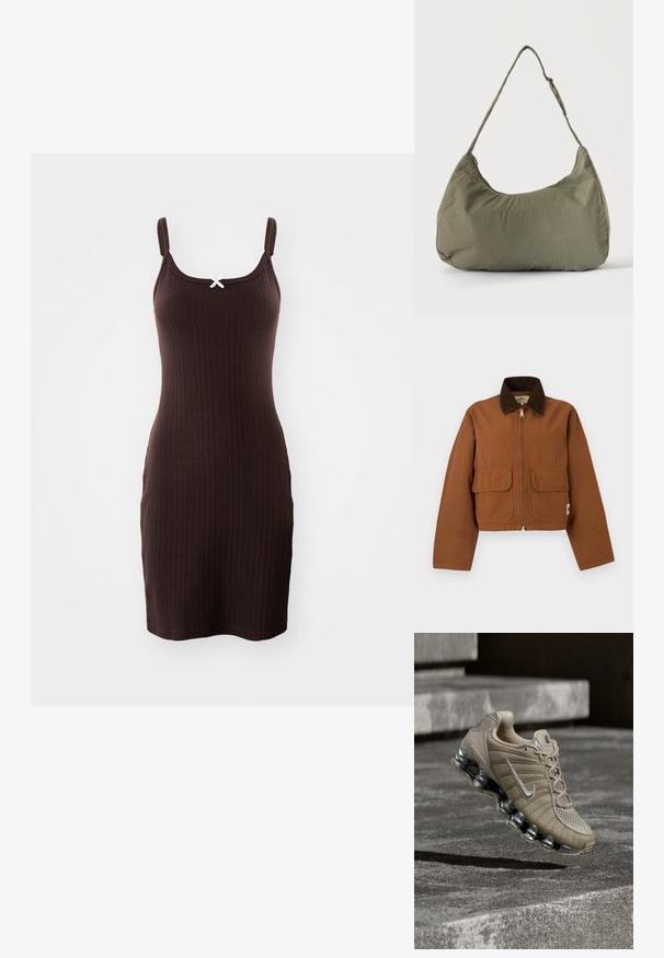 Chaqueta corta marrón con cuello de pana marrón oscuro, cremallera frontal y dos bolsillos con solapa sobre un fondo claro.; Vestido marrón con relieve y tirantes finos, adornado con un lazo blanco en el escote. El diseño tiene una silueta ajustada y un dobladillo a la altura de la rodilla.; Zapatilla de running Nike beige con acentos plateados y suela tipo muelle en el aire sobre escalones de hormigón con iluminación tenue.; Bolso de hombro de tela suave color verde oliva con cierre de cremallera y correa ajustable sobre un fondo liso y claro.