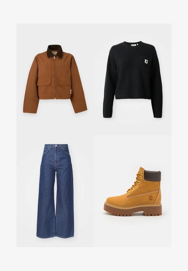 Veste courte marron avec col en velours côtelé brun foncé, fermeture éclair à l'avant et deux poches à rabat sur un fond clair.; Pull en maille côtelée noir avec un col rond, des manches longues et une poche avant arborant un petit patch logo. Longueur cropped.; Jean large en denim bleu foncé. Conception taille haute avec fermeture éclair et bouton. Présente une coupe classique à cinq poches et des bords ourlés.; Bottine chevauchant la cheville en tan imperméable avec une semelle en caoutchouc robuste, un bout rond, un col en cuir brun, des lacets jaunes et un logo sur le côté.