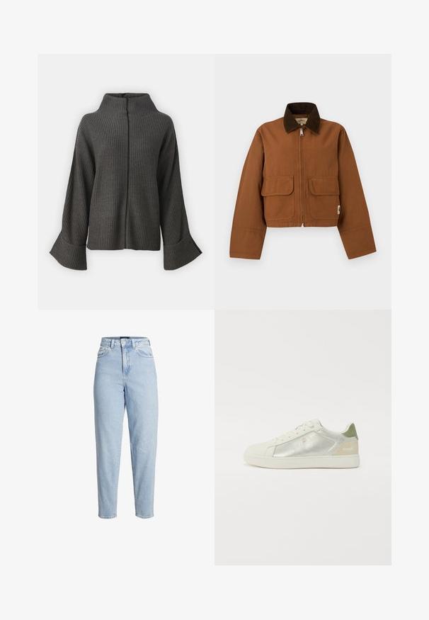 Pruun lühike jakk tumedate pruunide sametkraedega, ees tõmblukk ja kaks klapiga taskut heledal taustal.; VILA VIVIGGA CONTRAST - Džemper - dark grey/black; Kõrge vöökohaga hele sinise teksapüksid, esikäe lukuga ja nööpidega, vööaasadega ning kitsenevate säärtega.; Valge toss, millel on metallik hõbedased külgpaneelid, rohelised ja pruuni aktsendid kontsapaneelil ning ümmargused stringsid. Külje peal on logo.