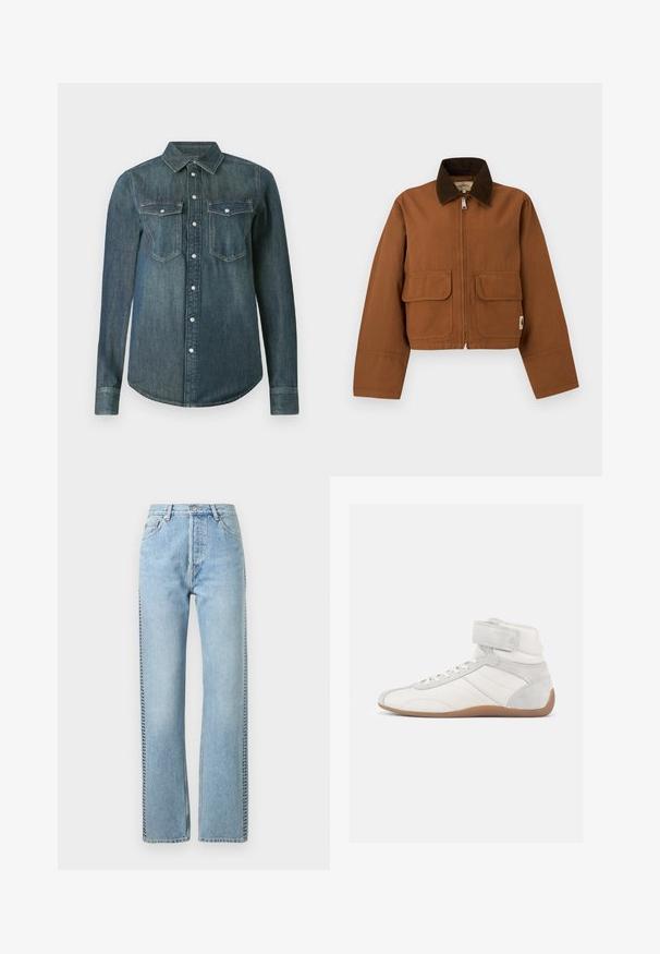 Brun cropped jakke med mørkebrunt kordfløjlskrave, lynlås foran og to klaplommer på en lys baggrund.; Langærmet mørkeblå denimskjorte med knaplukning foran og to brystlommer med klap og knapper.; Lyseblå denim jeans med høj talje, lige ben-design og synlig syning langs kanterne. Klassisk fem-lommestil.; Høje sneakers i hvidt læder og ruskind med en beige gummisål. Har snørebånd foran og en velcrolukning for en sikker pasform.
