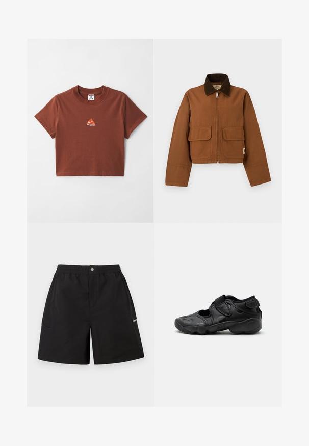 Brun cropped jakke med mørkebrunt kordfløjlskrave, lynlås foran og to klaplommer på en lys baggrund.; Brun bomulds T-shirt med kort ærme, som har et lille orange broderet logo på brystet og klassisk rund hals.; Sorte shorts lavet af letvægtsstof med elastisk talje, forlommer og en sides cargo-lomme. Enkel, funktionel design.; Sort atletisk sandal med lukket tå, velcro stropper ved mellemfoden og hælen samt tyk polstret sål markeret med "AIR" på siden.