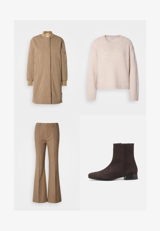Long manteau camel avec un col montant, une fermeture éclair à l'avant et des poignets élastiques. Comprend deux poches latérales et une poche zippée sur le bras gauche.; Pull léger rose en tissu doux et texturé. Il présente un col rond, des épaules tombantes et des poignets et un ourlet côtelés. Design cropped.; Pantalons évasés marron avec une texture lisse, dotés d'une fermeture à bouton sur le devant et de coutures verticales pour une meilleure structure.; Bottine en daim brun foncé avec petit talon bloc et fermeture éclair latérale, bout arrondi élégant, sur fond clair uni.
