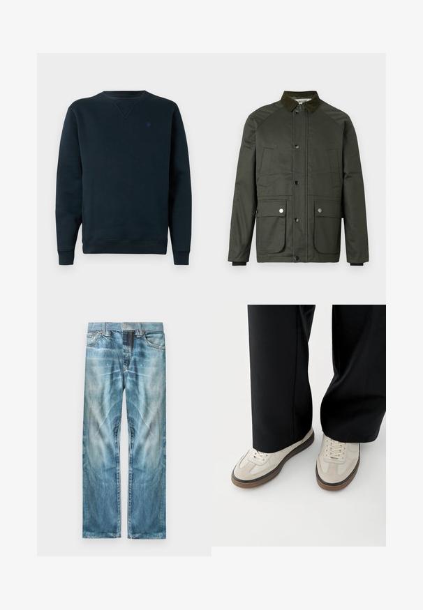Mørkegrøn jakke med en corduroy-krave, trykknapper, to forlommer og en glat tekstur. Har raglanærmer og en lige skæring.; Marine crew-neck sweatshirt lavet af blødt stof, med ribbede manchetter og kant, samt et lille logo på brystet. Enkel, minimalistisk design.; Lyseblå falmede denimjeans med lige ben, forlommer, bæltestropper og knaplukning.; Fødder iført beige sneakers med brune såler og sorte bukser med vide ben på hvid baggrund.