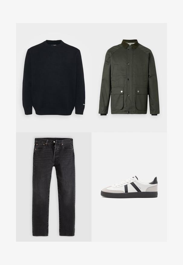 Mørkegrøn jakke med en corduroy-krave, trykknapper, to forlommer og en glat tekstur. Har raglanærmer og en lige skæring.; Sort strikket crewneck sweater med lange ærmer og ribbede manchetter og kant, præsenteret på en ensfarvet lys baggrund.; Sorte jeans i denim med en lige pasform, der har to forlommer, en møntlomme og metalnitter. Klassisk design med fem lommer.; Hvide sneakers med sorte og grå detaljer, med en tekstureret grå tåhætte, sort gummisål og flade hvide snørebånd. Rent design, minimalistisk stil.