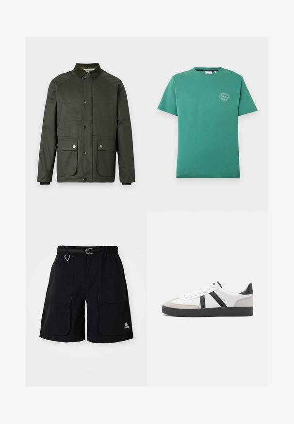 Chaqueta verde oscura con cuello de pana, botones a presión, dos bolsillos frontales y una textura suave. Presenta mangas raglán y un corte recto.; Camiseta verde de manga corta con cuello redondo y pequeño logo blanco "Pepe Jeans Notting Hill" en el pecho izquierdo.; Bermudas de cargo negras con cinturilla elástica, cinturón integrado, grandes bolsillos laterales y logo ACG en triángulo en la pierna derecha.; Zapatilla blanca con acentos en negro y gris, que presenta una puntera texturizada en gris, suela de goma negra y cordones planos blancos. Diseño limpio, estilo minimalista.