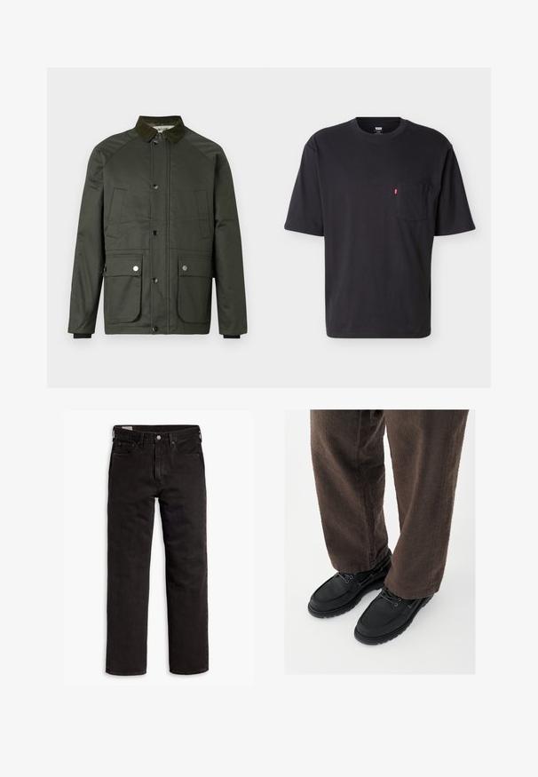 Donkergroene jas met een corduroy kraag, drukknoopsluiting, twee voorkruiden en een gladde textuur. Heeft raglanmouwen en een rechte snit.; Zwart T-shirt met korte mouwen en ronde hals, voorzien van een borstzakje met een klein rood Levi's logo tabje op het zakje, tegen een effen lichte achtergrond.; Zwarte recht gesneden denim jeans met vijf zakken, knoopsluiting en riemlussen, plat gelegd op een witte achtergrond.; Zwarte leren schoenen met een gladde afwerking, ronde neus en vetersluiting, gecombineerd met textuurrijke bruine broek. Vanuit een laag perspectief gezien.
