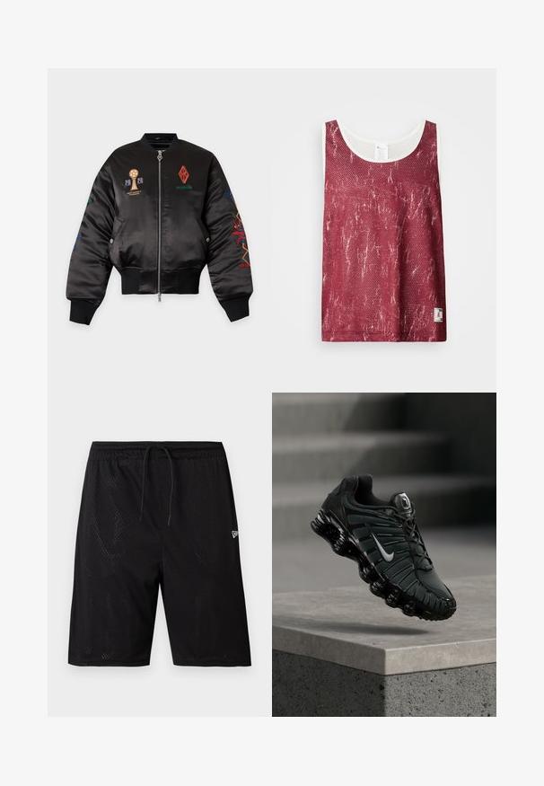 Cazadora bomber de satén negro con logos y texto bordados en colores, cremallera frontal, puños y cintura acanalados, y bolsillos con botones de presión.; Camiseta sin mangas de malla roja con un patrón ligeramente desgastado y desvaído. Presenta un ribete blanco alrededor del escote y las sisas, y una pequeña etiqueta con el logo en la parte inferior.; Bañadores deportivos de malla negra con cintura ajustable mediante cordón, que presentan una textura perforada y un pequeño logo blanco en la parte inferior derecha.; Zapatilla de correr Nike en negro y gris oscuro con el logo Swoosh blanco suspendida sobre un borde de cemento y escaleras al fondo.
