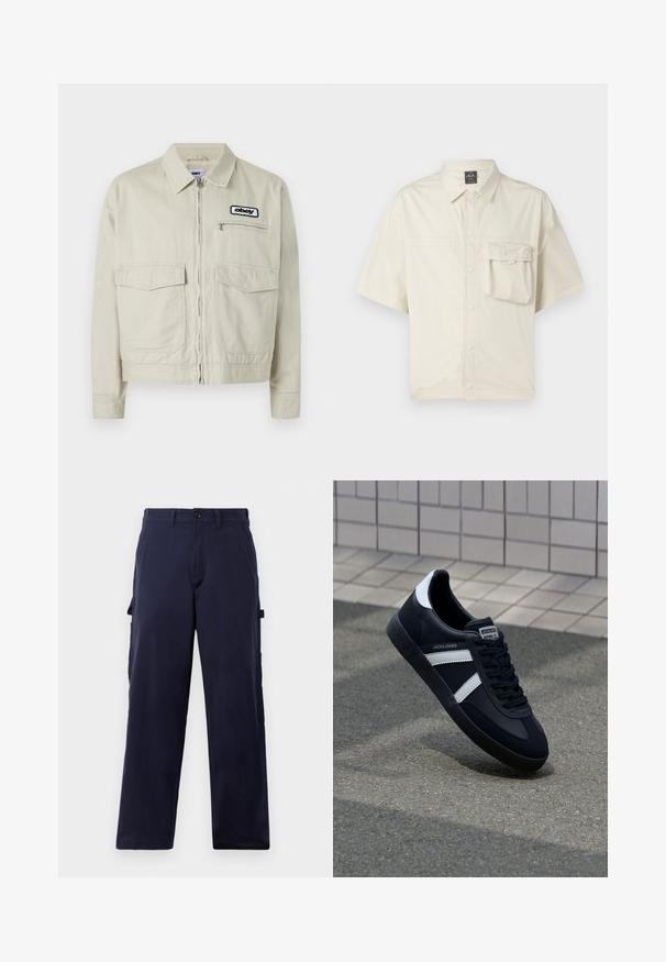 Beige denimjakke med lynlås, to forlommer og en lille logopatch. Struktureret design med krave og lange ærmer.; Kortærmet skjorte i lys beige med brystlomme, glat tekstur og klassisk krave-design.; Mørkeblå straight-leg bukser med bæltestropper, front knappetryk og sidelommer til redskaber, præsenteret mod en hvid baggrund.; Sort lædersneaker med hvide striber, tekstureret gummisål og snørrebånd foran. Har et brandet mærke på tungen.