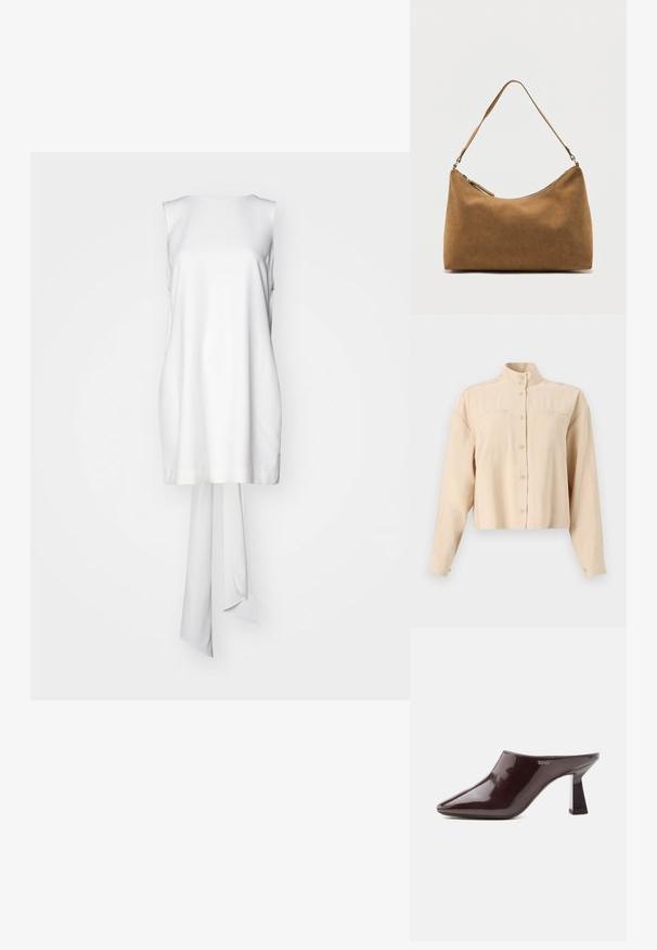 Beige, verkürzte Hemdbluse mit hohem Kragen, zwei Brusttaschen, langen Ärmeln, glatter Textur und runden Knöpfen.; Weißes ärmelloses Tunika-Top aus glattem Stoff, mit geradem Schnitt und einem langen gebundenen Detail auf der Rückseite. Keine zusätzlichen Muster oder Akzente.; Glänzender dunkelbrauner spitzer Mule mit Blockabsatz und DKNY-Logo an der Seite, auf weißem Hintergrund dargestellt.; Braune Wildleder-Umhängetasche mit einem einzelnen Träger und einem Reißverschluss oben, präsentiert vor einem schlichten weißen Hintergrund.