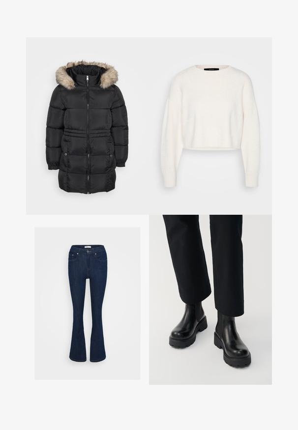 Schwarze gesteppten Winterjacke mit Frontreißverschluss, elastischen Bündchen, seitlichen Taschen mit Knöpfen und einer gefütterten Kapuze aus Fell.; Weißer, kurzer Pullover aus weichem Material, mit rundem Halsausschnitt und langen, leicht übergroßen Ärmeln mit gerippten Bündchen.; Dunkelblaue Jeans im Bootcut-Stil mit klassischem Fünf-Taschen-Design, metallischem Knopfverschluss und Nähakzenten an den Taschen.; Person trägt schwarze Leder-Stiefeletten mit klobiger Sohle, kombiniert mit schwarzen Straight-Leg-Hosen vor weißem Hintergrund.