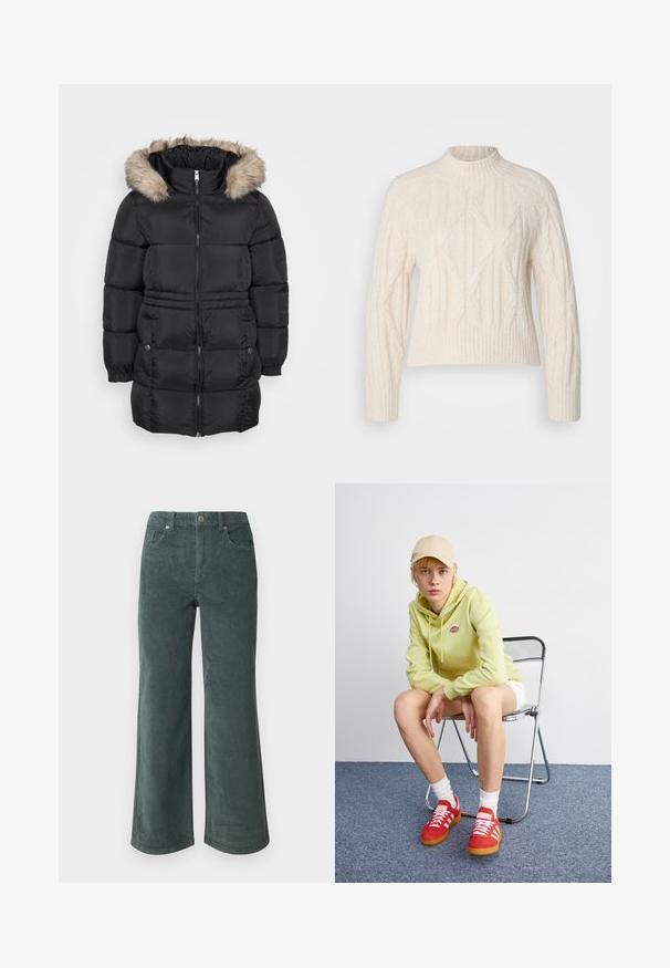 Zwarte gewatteerde winterjas met een rits aan de voorkant, elastische manchetten, zakken aan de zijkant met knopen en een met bont gevoerde capuchon.; Crème kleurige cable-knit trui met hoge hals, lange mouwen en geribbelde onderrand. Kenmerken zijn textuurpatronen en een casual fit.; Vero Moda Petite VMTESSA PANTS - Broek - balsam green; Lichtgroene hoodie met logo, witte shorts, rode sneakers met witte strepen, zittend op een chroom opvouwstoel tegen een neutrale achtergrond.