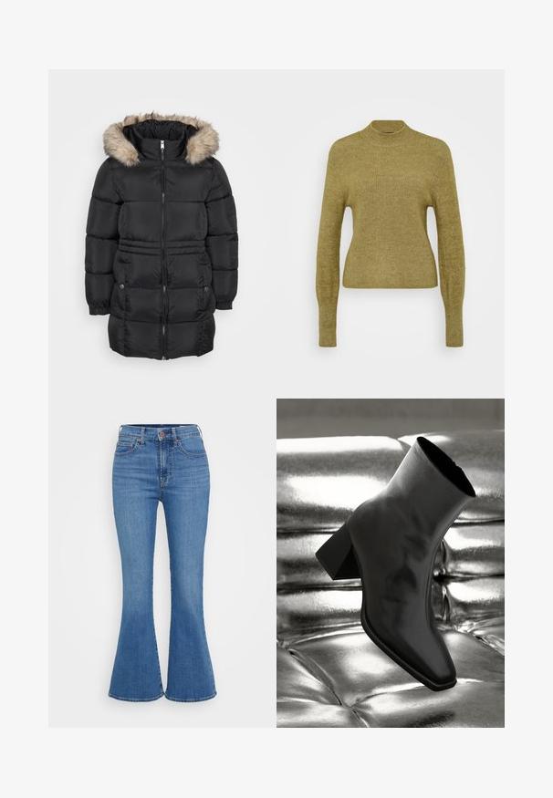 Sort, quiltet vinterjakke med lynlås foran, elastiske manchetter, sidelommer med knapper og en hætte med pelsfor.; Grøn rippet sweater med høj hals, lange ærmer og tætsiddende liv. Lavet af et blødt, tekstureret strikstof.; Lyseblå klokkeformede jeans med høj talje, lavet af denim. Funktionen inkluderer to forlommer og en knaplukning i taljen.; Sorte ankelstøvler lavet af glossy materiale med firkantet tå og spidse hæle, sat mod en skinnende sølv tuftet baggrund.