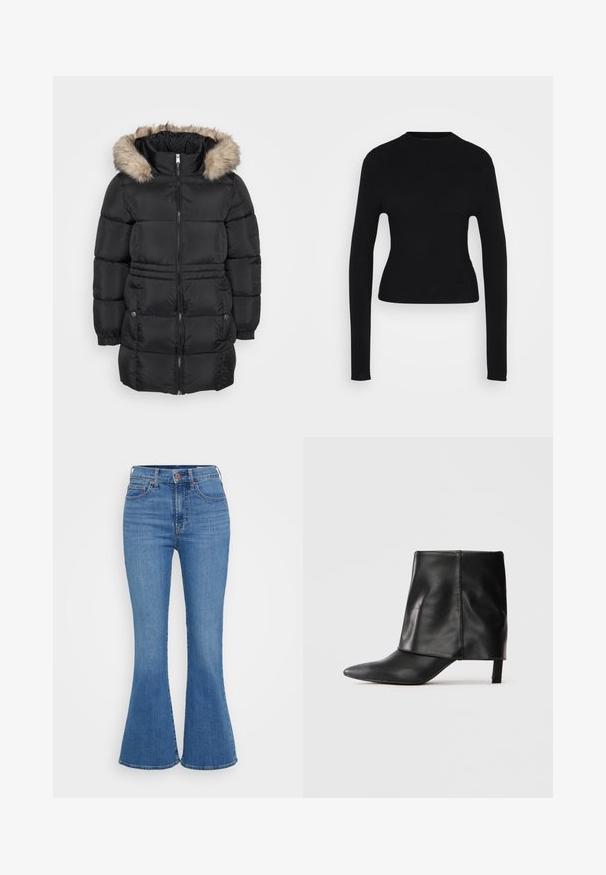 Manteau d'hiver noir matelassé avec fermeture éclair sur le devant, poignets élastiques, poches latérales avec boutons et capuche doublée en fourrure.; Pull long à manches longues en maille ribbed noire ajustée avec un col rond haut et un ourlet légèrement court sur fond blanc.; Jeans évasés bleu clair avec une taille haute, en denim. Comprend deux poches avant et une fermeture à bouton à la taille.; Botte noire en cuir mi-mollet avec bout pointu, tige supérieure repliée et petit talon élancé, se tenant sur fond blanc.