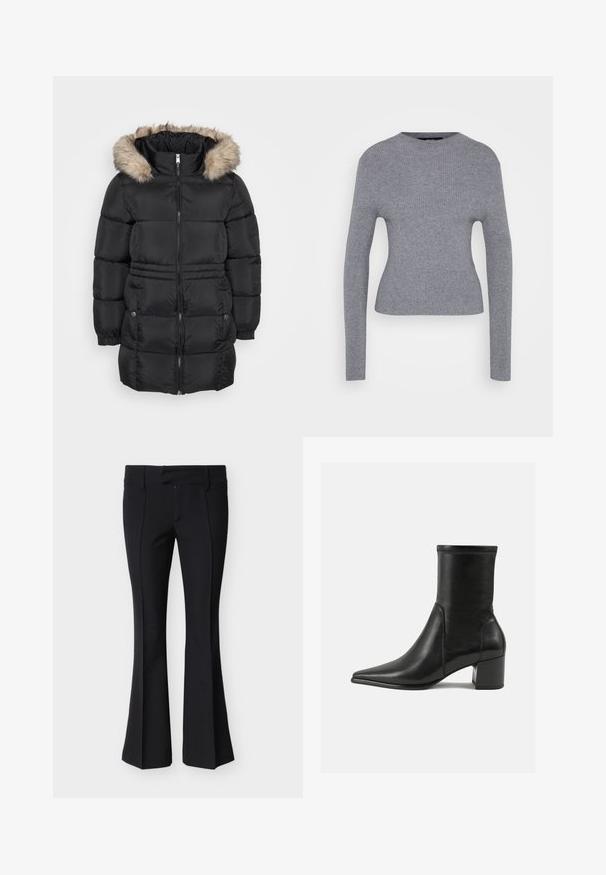 Schwarze gesteppten Winterjacke mit Frontreißverschluss, elastischen Bündchen, seitlichen Taschen mit Knöpfen und einer gefütterten Kapuze aus Fell.; Grauer, gerippter Langarmpullover mit Rundhalsausschnitt und taillierter Silhouette, auf einem schlichten weißen Hintergrund präsentiert.; Schwarze Schlaghose aus einem glatten, dehnbaren Stoff. Verfügt über eine taillierte Passform, eine flache Vorderseite und keine sichtbaren Verschlüsse.; Schwarze Knöchelstiefel aus glattem Leder, mit spitzem Zehenbereich, einem Blockabsatz und markanten, raised stitching am oberen Rand.