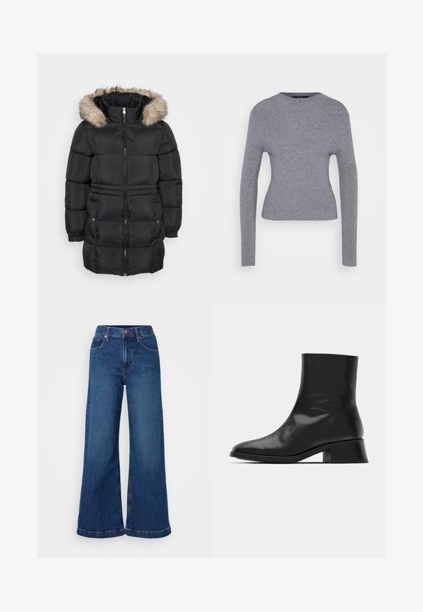 Schwarze gesteppten Winterjacke mit Frontreißverschluss, elastischen Bündchen, seitlichen Taschen mit Knöpfen und einer gefütterten Kapuze aus Fell.; Grauer, gerippter Langarmpullover mit Rundhalsausschnitt und taillierter Silhouette, auf einem schlichten weißen Hintergrund präsentiert.; Weite Denim-Jeans in Dunkelblau, mit hoher Taille, Fünf-Taschen-Design und umgeschlagenen Säumen. Glatte Textur mit subtilen Nähdetails.; Schwarze Ankle Boots aus glänzendem Leder, mit einem eleganten Design, spitzer Zehenpartie und einem moderaten Blockabsatz für Stabilität.