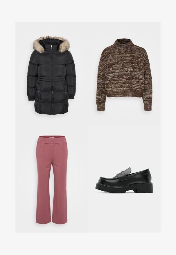 Schwarze gesteppten Winterjacke mit Frontreißverschluss, elastischen Bündchen, seitlichen Taschen mit Knöpfen und einer gefütterten Kapuze aus Fell.; Vero Moda Petite VMDAIMA - Strickpullover - chocolate torte/silver mink/gold; Taillierte, leichte Hose in einem staubigen Rosaton. Mit elastischem Bund und weiten, geraden Beinen. Weicher Stoff ohne sichtbare Muster.; Schwarze Leder-Loafers mit einer chunky strukturierten Sohle, ausgestattet mit einem Riemen über dem Spann und einer glatten, polierten Oberfläche.