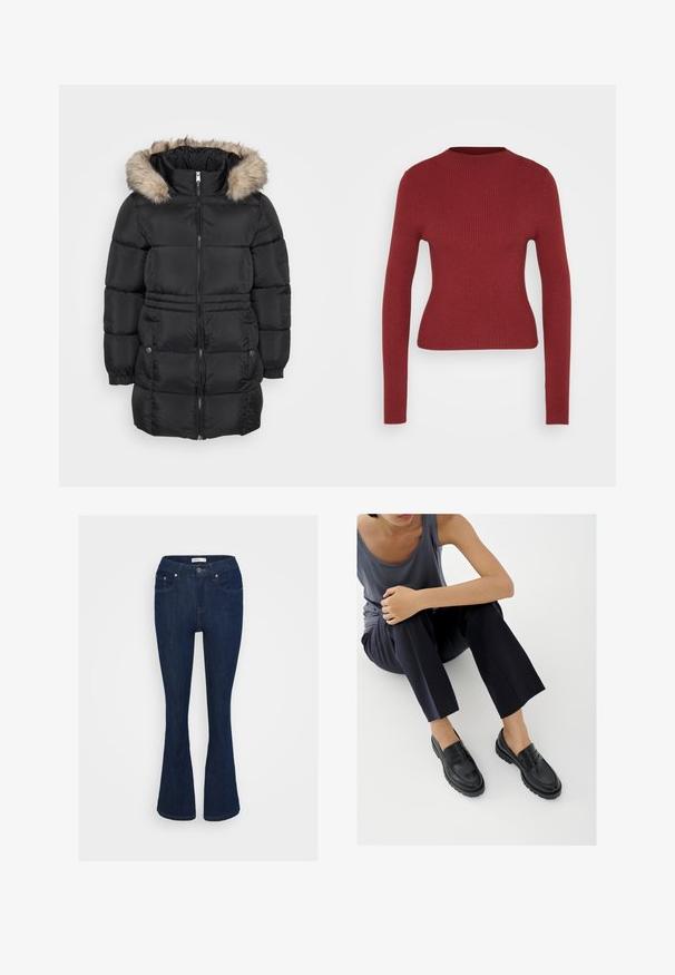 Manteau d'hiver noir matelassé avec fermeture éclair sur le devant, poignets élastiques, poches latérales avec boutons et capuche doublée en fourrure.; Pull ajusté à côtes, à manches longues, de couleur rouge foncé avec col rond, présenté sur un fond neutre clair.; Jean flare en denim bleu foncé avec un design classique à cinq poches, fermeture à bouton métallique et accents de couture sur les poches.; Mocassins en cuir noir avec accents texturés, talon bas, bout arrondi, et coutures visibles. Modèle portant un pantalon sombre et un haut gris.