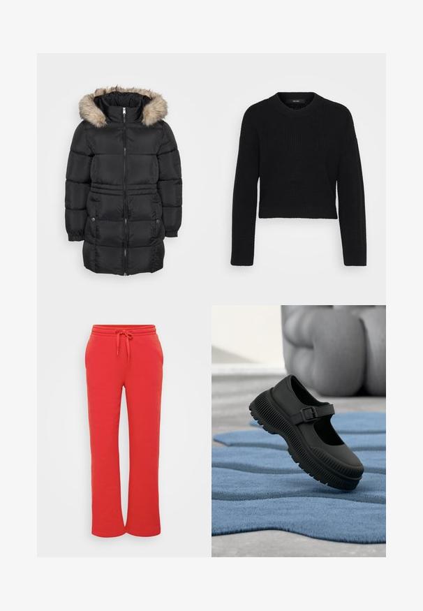 Sort, quiltet vinterjakke med lynlås foran, elastiske manchetter, sidelommer med knapper og en hætte med pelsfor.; Sort cropped sweater lavet af strikket stof. Har en rund halsudskæring, lange ærmer og en tekstureret overflade med en tætsiddende pasform ved kanten.; Røde joggebukser lavet af blød bomuld, med en elastisk talje med snøre og et lige ben-design. Glat tekstur.; Sort Mary Jane-stil sko med tyk ribbet sål og spænde, hvilende på tekstureret blåt tæppe med sløret baggrund.