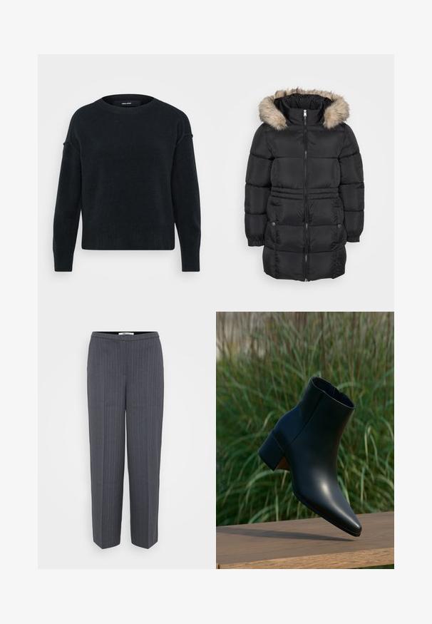 Schwarze gesteppten Winterjacke mit Frontreißverschluss, elastischen Bündchen, seitlichen Taschen mit Knöpfen und einer gefütterten Kapuze aus Fell.; Schwarzer Strickpullover mit rundem Ausschnitt, langen Ärmeln und geripptem Saum. Weicher Stoff mit etwas lockerer Passform und abgesenkten Schultern.; Dunkelgraue, taillierte Hose mit Nadelstreifen, geraden Beinen und hoher Taille, vor einem schlichten hellen Hintergrund präsentiert.; Schwarzer Leder-Knöchelboot mit Blockabsatz, spitze Spitze, dargestellt über einer Holzoberfläche mit grünem, verschwommenem Gras-Hintergrund.