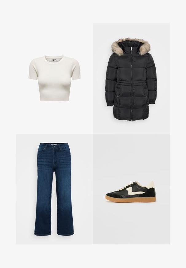 Sort, quiltet vinterjakke med lynlås foran, elastiske manchetter, sidelommer med knapper og en hætte med pelsfor.; Cremefarvet kortærmet ribbet crop top med rund halsudskæring og JDY brandlabel inden i kraven, vist på hvid baggrund.; ONLY Petite ONLMADISON BLUSH WIDE - Wide leg - dark blue denim; Sorte ruskinds- og lædersneakers med en cremefarvet side-swoosh og lys cremefarvet hæl. Har beige snørebånd og en gummirubber-sål.