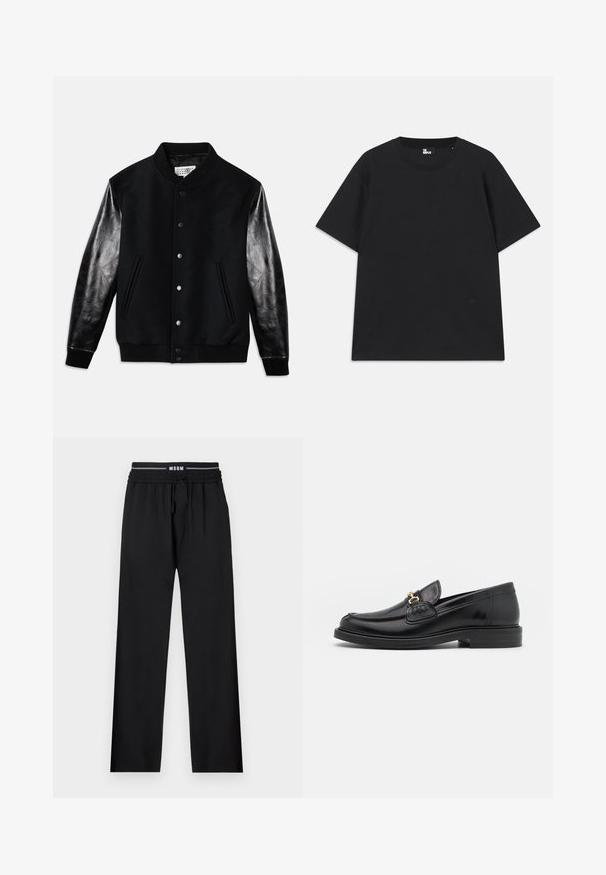 Veste universitaire noire avec un corps en laine et des manches en cuir noir brillant. Comprend des boutons-pression et des poches latérales, avec des poignets et un ourlet côtelés.; T-shirt noir à manches courtes en coton, avec un col rond et un petit logo près de l'ourlet. Texture lisse, coupe régulière.; Pantalons noirs à coupe décontractée, taille élastique, cordon de serrage ajustable et poches latérales. Fabriqués en tissu lisse sans motifs.; Mocassins en cuir noir avec un embout rond, présentant des accents en métal doré et des détails de couture, montés sur une semelle en caoutchouc texturé et basse.