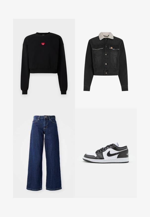Sort denimjakke med shearlingkrave, frontlukning med knapper, to brystlommer og cropped design. Har subtile stikninger.; Sort cropped sweatshirt med lange ærmer, ribbede manchetter og et rødt hjerteapplikation med teksten "LOVE YOU CLUB" på brystet.; Mørkeblå vide jeans lavet af denim, med knap- og lynlåslukning, bæltesløjfer og klassisk fem-lomme design.; Sorte og hvide Nike lavtoppede sneakers har en glat læderoverdel, rund tå, snørelukning og en mønstret gummisål.