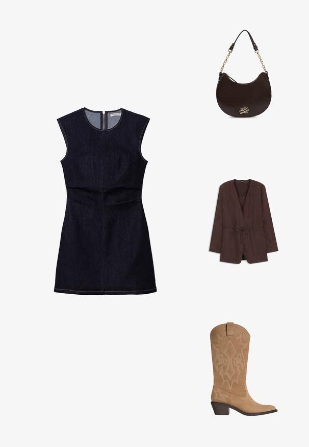 Blazer marron foncé à manches longues avec col en V, devant ouvert et ceinture à nouer à la taille, présenté sur fond blanc.; Robe sans manches en denim foncé avec un corsage ajusté et une jupe évasée. Présente une fermeture à glissière dans le dos et de simples détails de couture.; Botte de cowboy en suède tan avec broderies décoratives, talon empilé de hauteur moyenne et tirant sur la tige.; Sac à main en cuir marron avec une silhouette incurvée, matériel doré et un accent logo voyant. Chaîne réglable et bandoulière en cuir incluses.