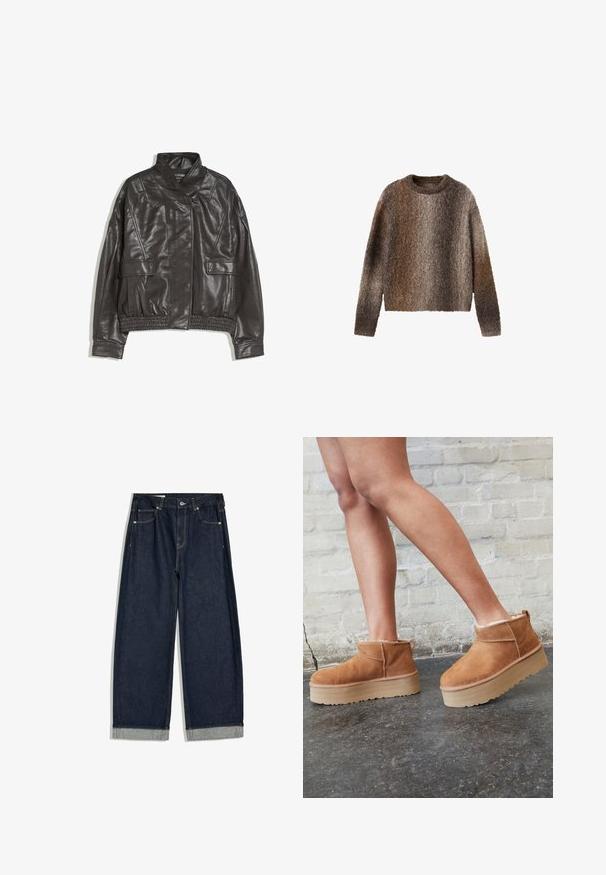 Black faux leather jacket with high collar, long sleeves, two flap pockets, and elasticated waistband laid flat on white background.; Long-sleeve fuzzy sweater with a gradient pattern blending brown, gray, and beige colors, featuring a crew neckline and a soft texture.; Dark blue wide-leg denim jeans with rolled cuffs, five-pocket design, and button closure at the waistband, laid flat on a white background.; Brown suede ankle boots with a plush lining, thick beige platform sole, and a rear pull tab. Textured surface with visible stitching details.
