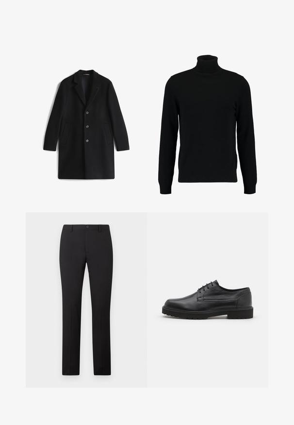 Manteau noir à simple boutonnage avec trois boutons, col à revers cranté et deux poches latérales, présenté sur fond blanc.; Un pull à col roulé noir en matière tricotée douce. Il possède des manches longues, un col et un ourlet côtelés. Son design est simple et épuré, sans motifs.; Pantalon noir sur mesure avec une coupe droite, doté d'une fermeture à bouton et de passants pour ceinture. Confectionné dans un tissu lisse sans motifs apparents.; Chaussure en cuir noir avec un bout arrondi, finition lisse et coutures minimales. Dispose d'un système de laçage et d'une semelle en caoutchouc épaisse et texturée.