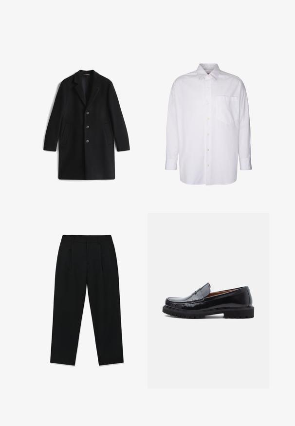 Manteau noir à simple boutonnage avec trois boutons, col à revers cranté et deux poches latérales, présenté sur fond blanc.; Chemise blanche à manches longues en coton ; elle possède un devant à boutons, un col pointu et une poche sur la poitrine. Texture lisse, sans motifs.; Pantalon noir droit avec passants de ceinture, plis sur le devant et fermeture avant dissimulée, présenté à plat sur fond blanc.; Mocassin penny en cuir noir avec semelle en caoutchouc épaisse et couture moc toe, montré de profil sur un fond blanc.