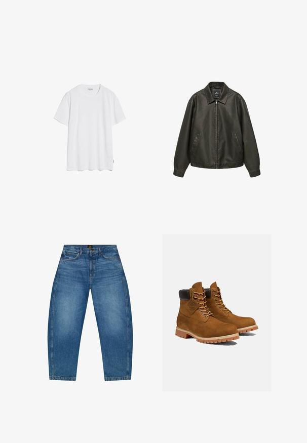 Zwarte jas van nep leer met ritssluiting aan de voorkant, twee steekzakken, lange mouwen en een klassieke kraag, plat uitgestald op een witte achtergrond.; Witte katoenen T-shirt met korte mouwen, een ronde halslijn en een rechte zoom. Geen zichtbare patronen of logo's. Zachte textuur.; Blauwe high-waist wijde jeans met zakken aan de voorkant, riemlussen, knoopsluiting en een Lee-merklabel op de tailleband.; Bruine suède enkellaarsjes met een gevoerde zwarte kraag, gouden oogjes en een dikke rubberen zool met een profielpatroon voor grip.