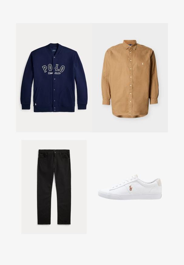 Marineblå skjorteblazer med "POLO Ralph Lauren" skrift foran og lommer på hver side, med lange ærmer og ribstrikkede manchetter.; Langærmet tan skjorte med knapper, knappet krave og lille broderet logo på venstre bryst.; Sorte denim jeans med lige ben, fem-lomme design og subtil tekstur. Metalknap og lynlås lukning.; Hvide kanvas sneakers med lågtop design, prydet med en beige hælkappe og et lille broderet logo på siden. Gummisål.